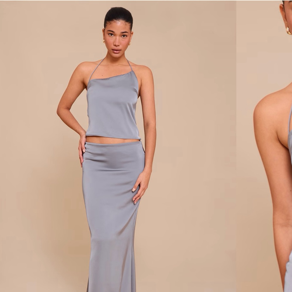 PrettyLittleThing Gray Satin Halterneck Crop Top